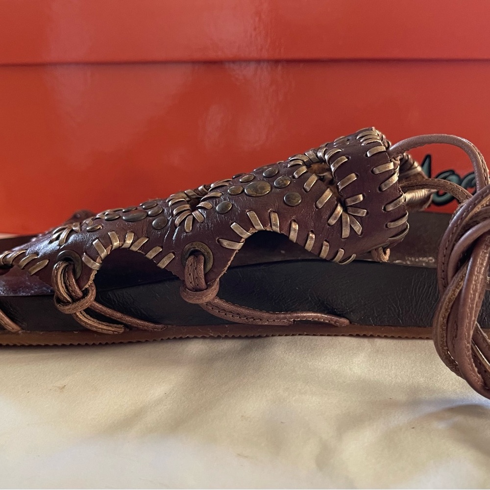 Miz Mooz Brown Studded Cutout Leather Sandals with Lacing - Picture 6 of 8